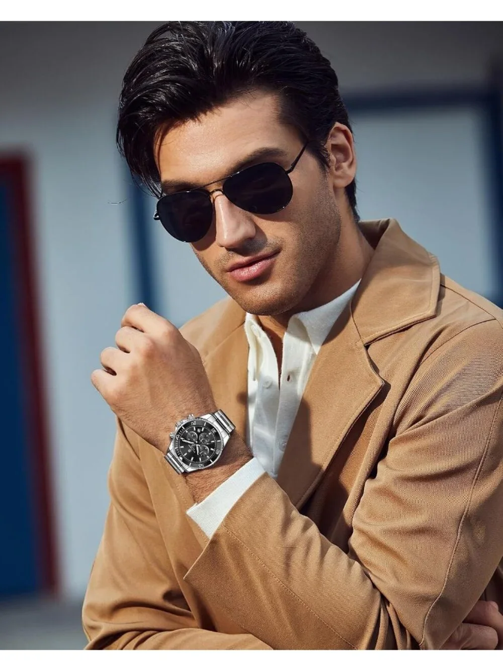 Men's Silver And Black Chronograph Stainless Steel Waterproof Quartz Wrist Watch